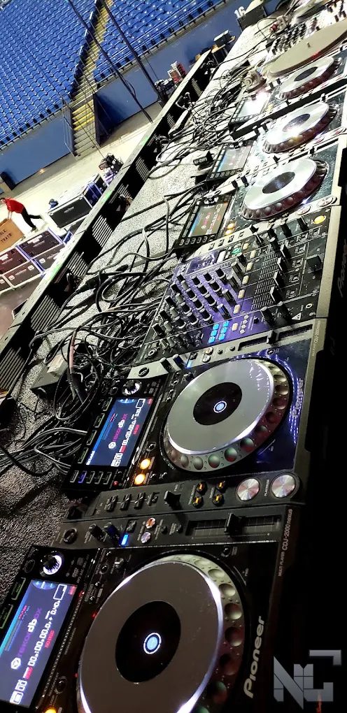 Close-up of professional DJ decks and mixer